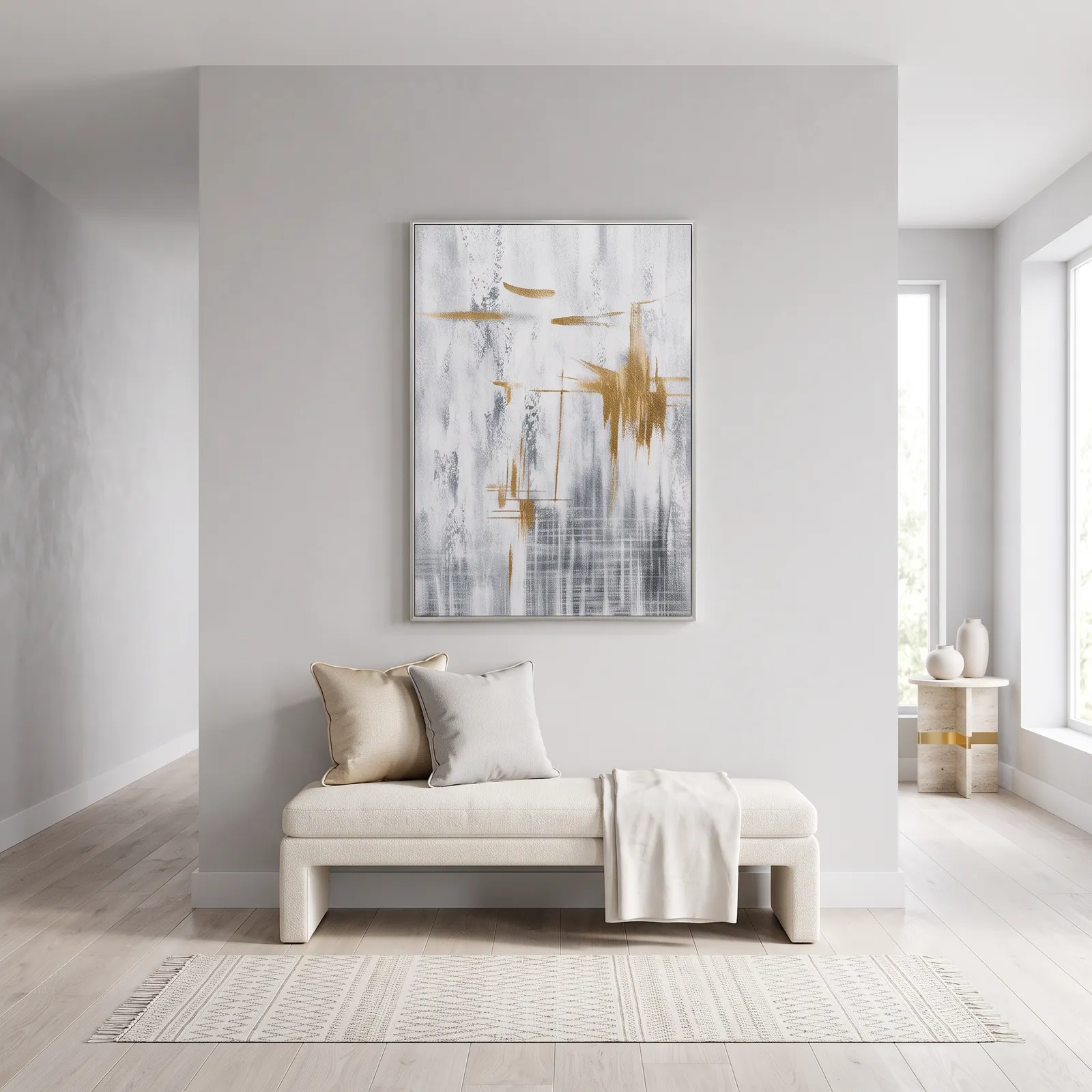 Cuadro abstracto vertical, pintura de óleo hecho a mano, Gris y dorado (80*120cm)