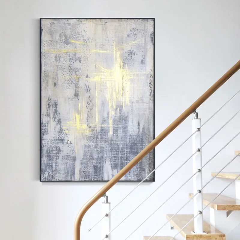 Cuadro abstracto vertical, pintura de óleo hecho a mano, Gris y dorado (80*120cm)