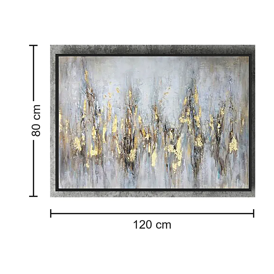 Cuadro abstracto horizontal líneas doradas, pintura de óleo hecho a mano, Gris (120*80cm)