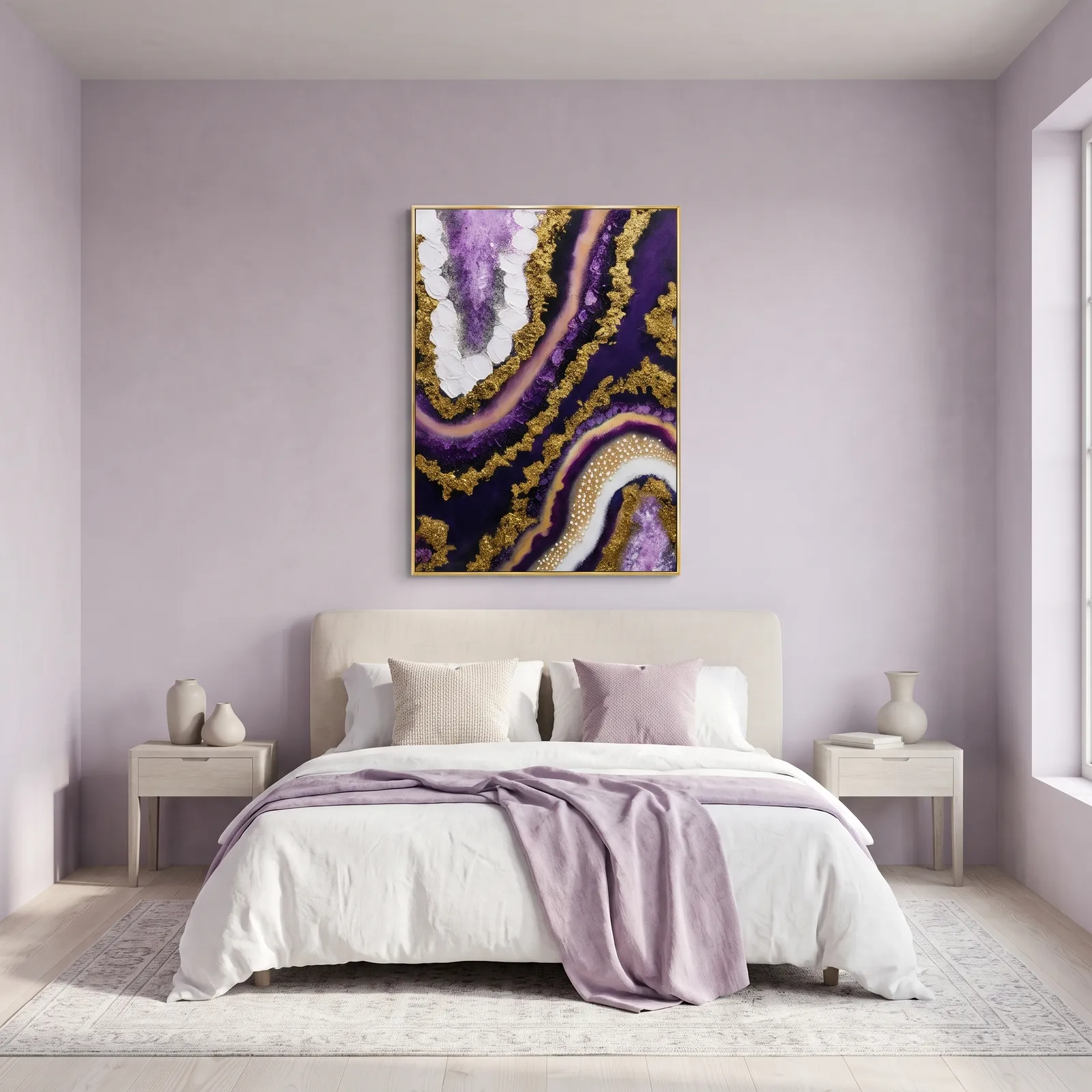 Cuadro abstracto ágata vertical, pintura de óleo hecho a mano, Morado y dorado (80*120cm)