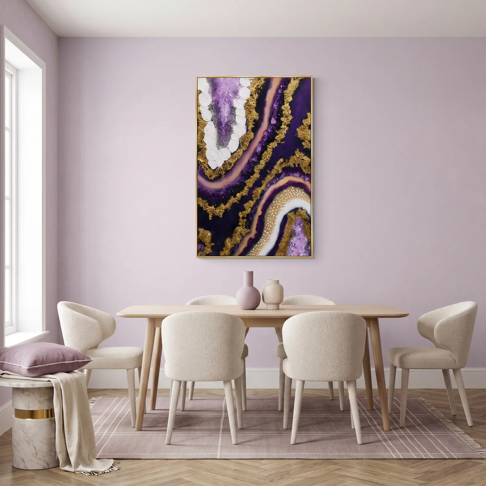 Cuadro abstracto ágata vertical, pintura de óleo hecho a mano, Morado y dorado (80*120cm)