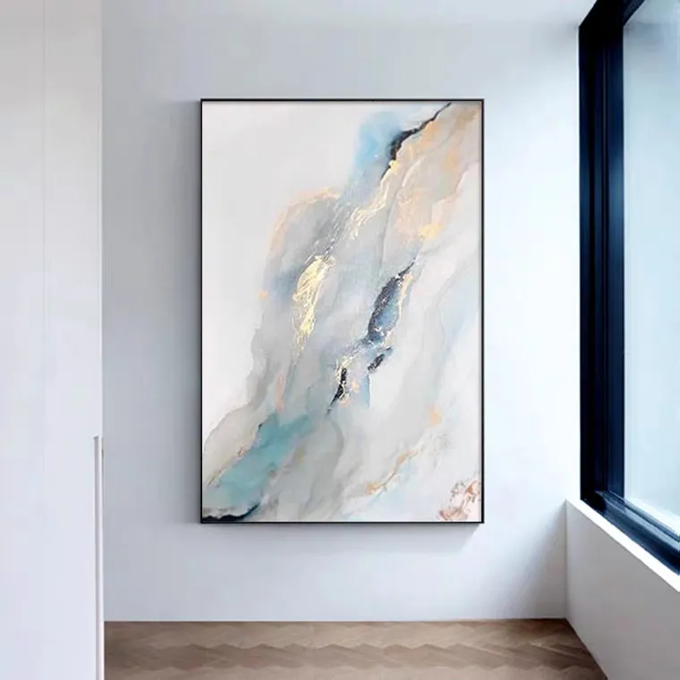 Cuadro abstracto vertical con marco, pintura de óleo hecho a mano, Celeste y dorado (80*120cm)