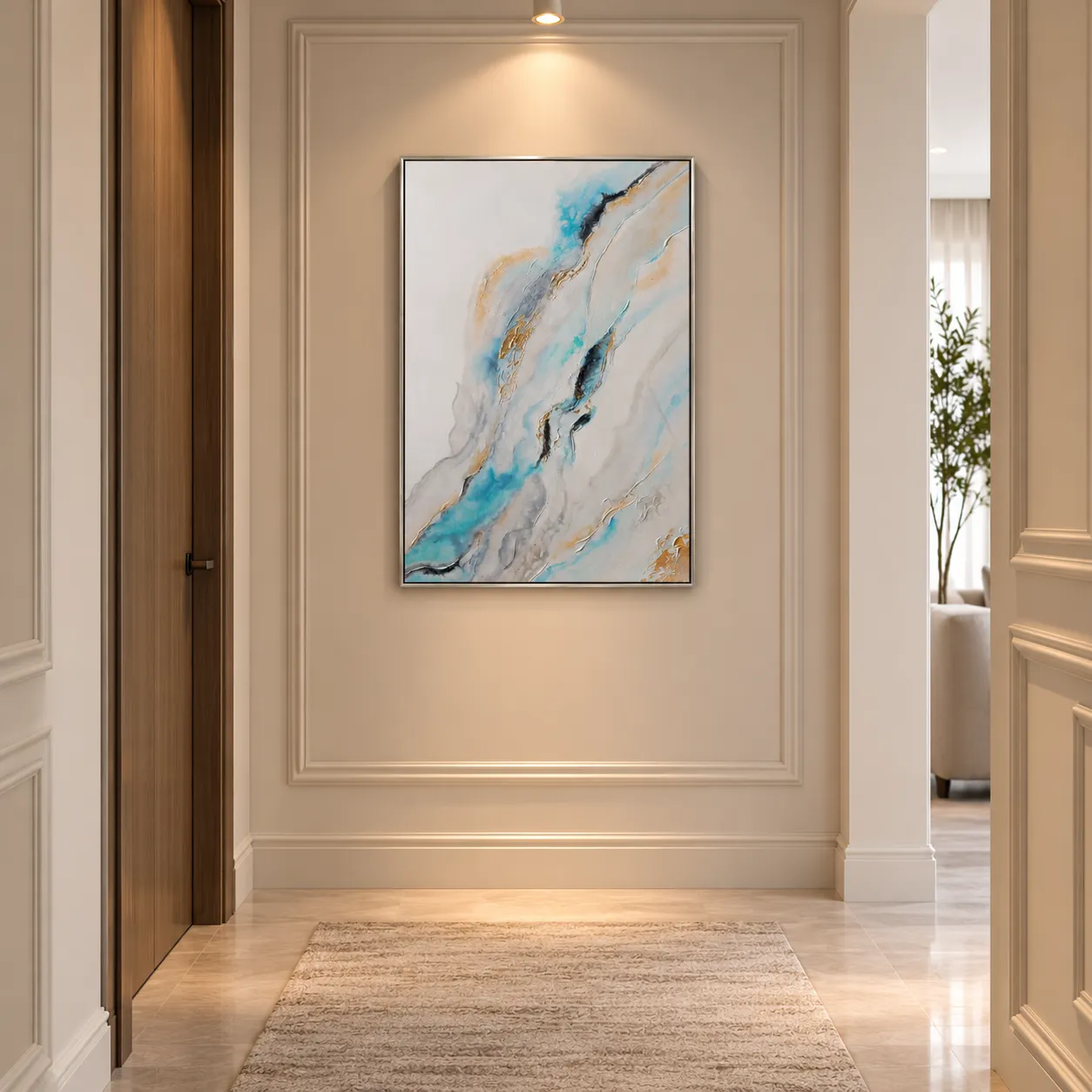 Cuadro abstracto vertical con marco, pintura de óleo hecho a mano, Celeste y dorado (80*120cm)