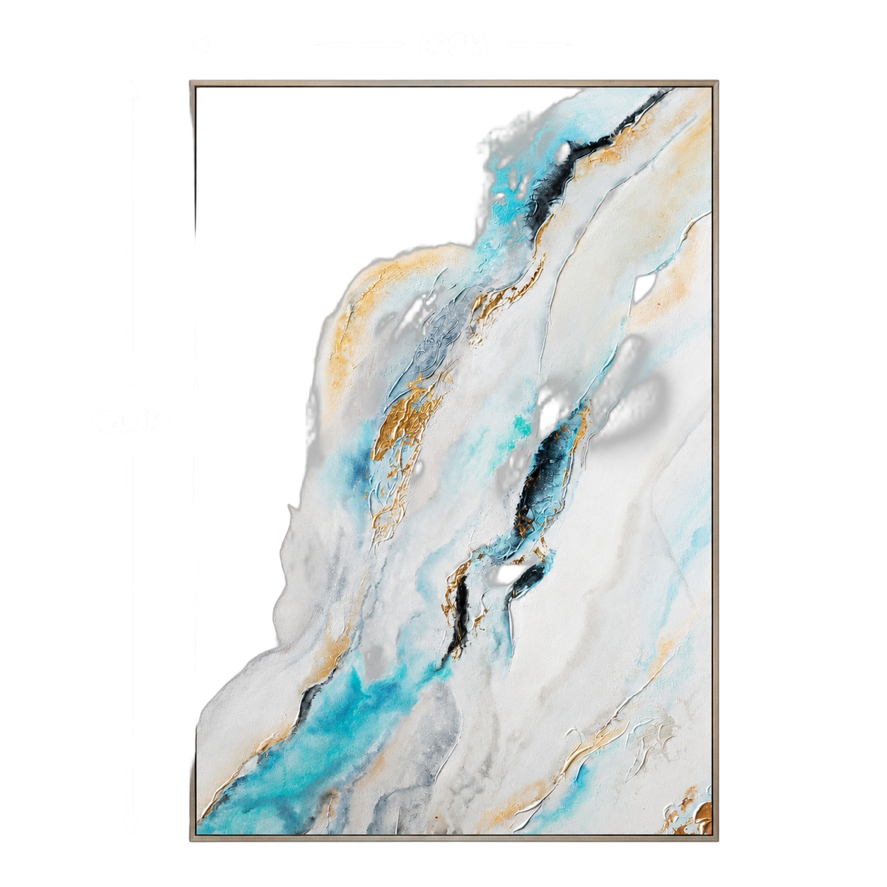 Cuadro abstracto vertical con marco, pintura de óleo hecho a mano, Celeste y dorado (80*120cm)