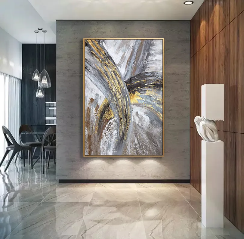 Cuadro abstracto pincelada dorada, pintura de óleo hecho a mano, Café y dorado (80*120cm)