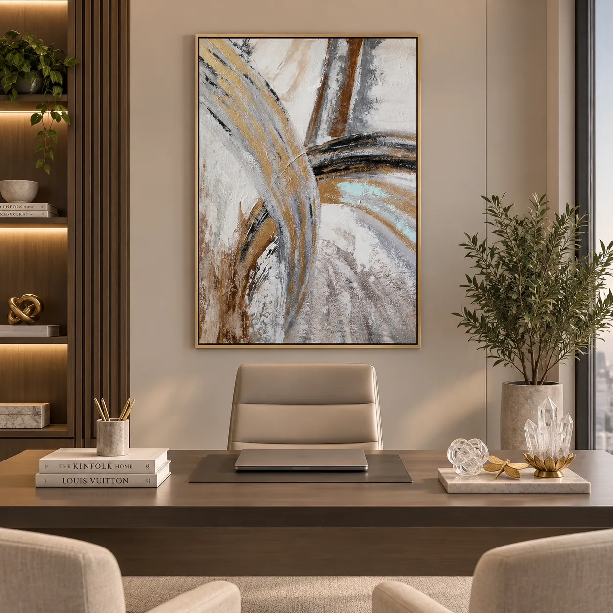 Cuadro abstracto pincelada dorada, pintura de óleo hecho a mano, Café y dorado (80*120cm)