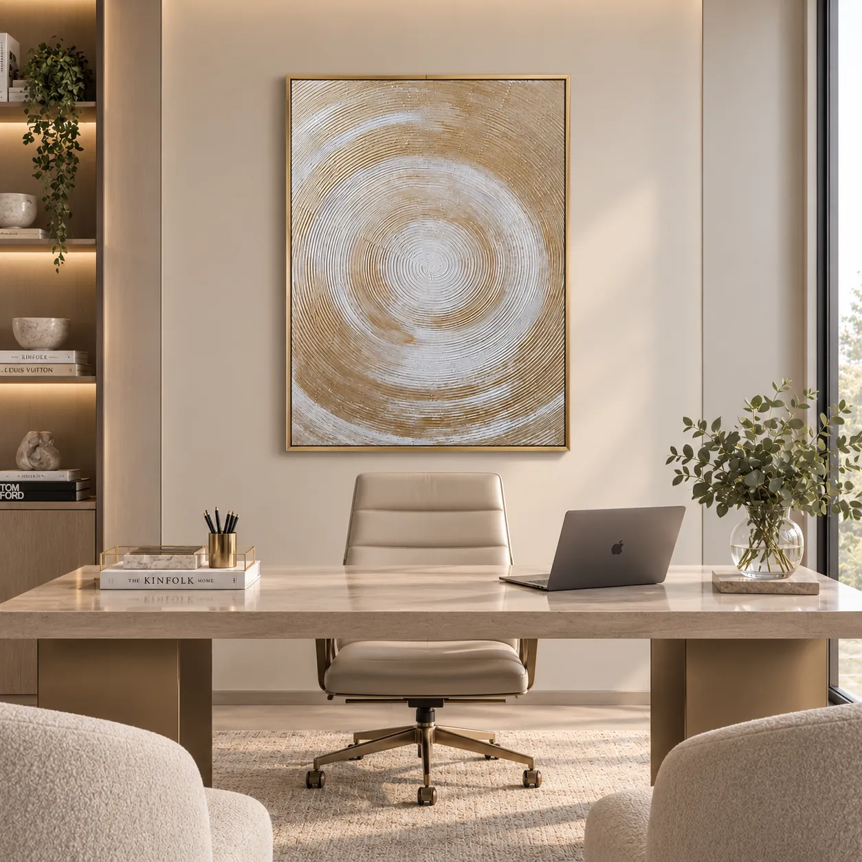 Cuadro abstracto circular dorado, pintura de óleo hecho a mano, Gris y dorado (80*120cm)