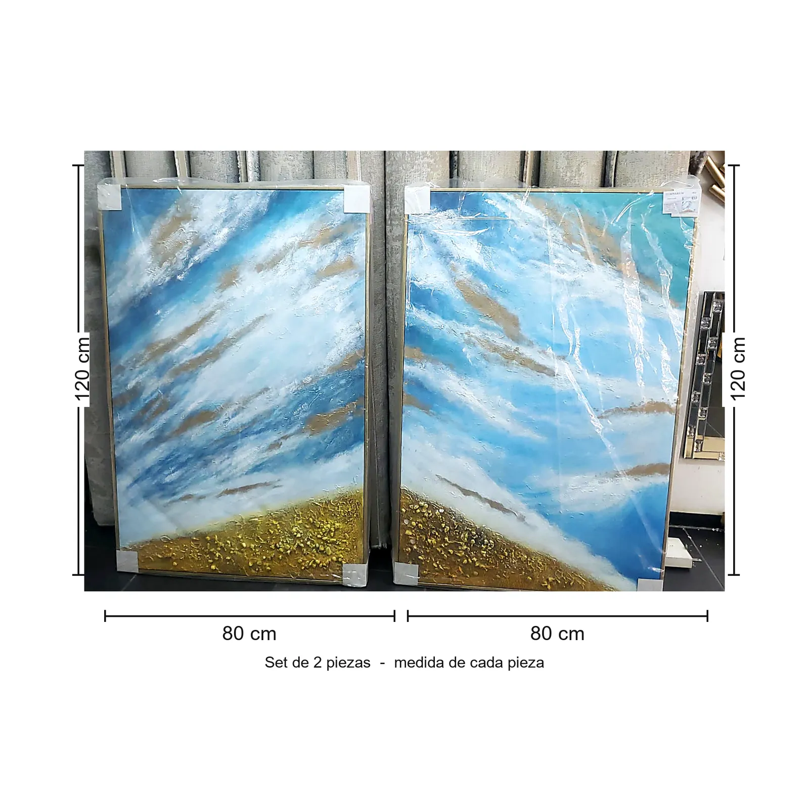 Cuadro díptico abstracto océano, pintura de óleo hecho a mano, Azul y dorado (80*120cm, 2 pcs)