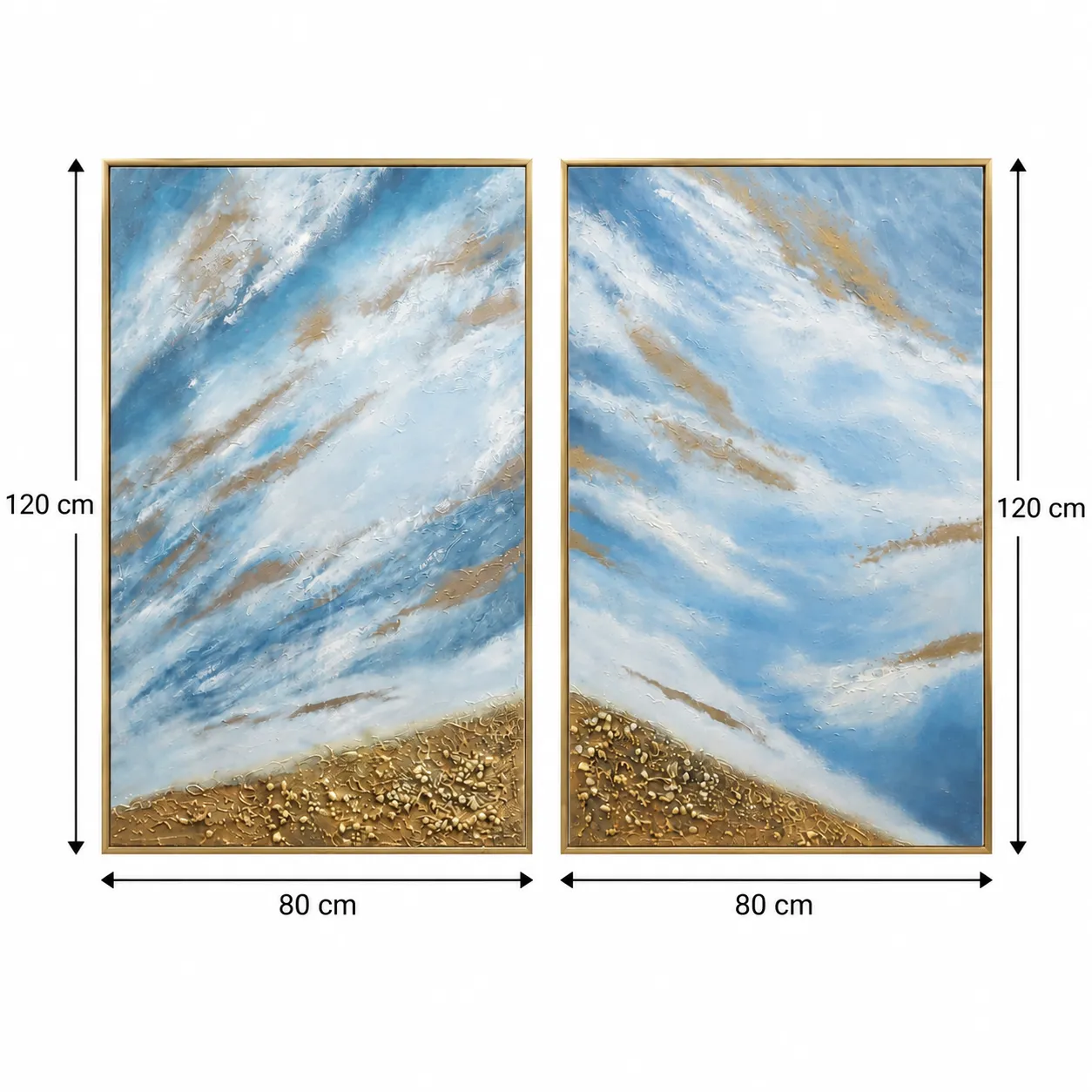 Cuadro díptico abstracto océano, pintura de óleo hecho a mano, Azul y dorado (80*120cm, 2 pcs)