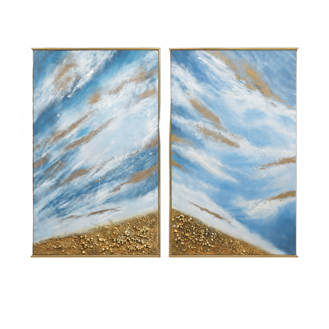 Cuadro díptico abstracto océano, pintura de óleo hecho a mano, Azul y dorado (80*120cm, 2 pcs)