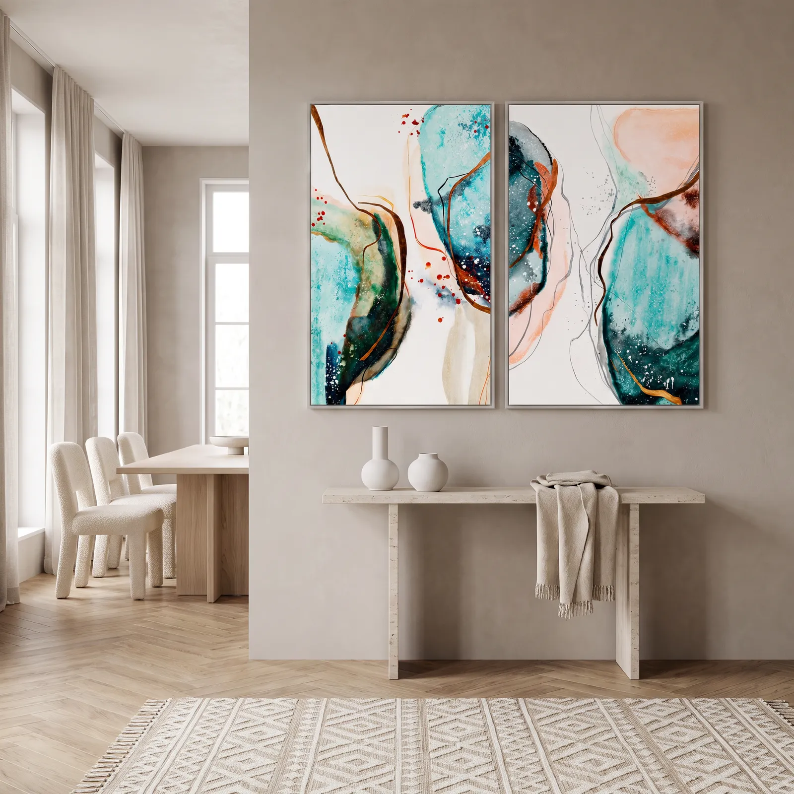 Cuadro díptico abstracto orgánico, pintura de óleo hecho a mano, Multicolor (80*120cm, 2 pcs)