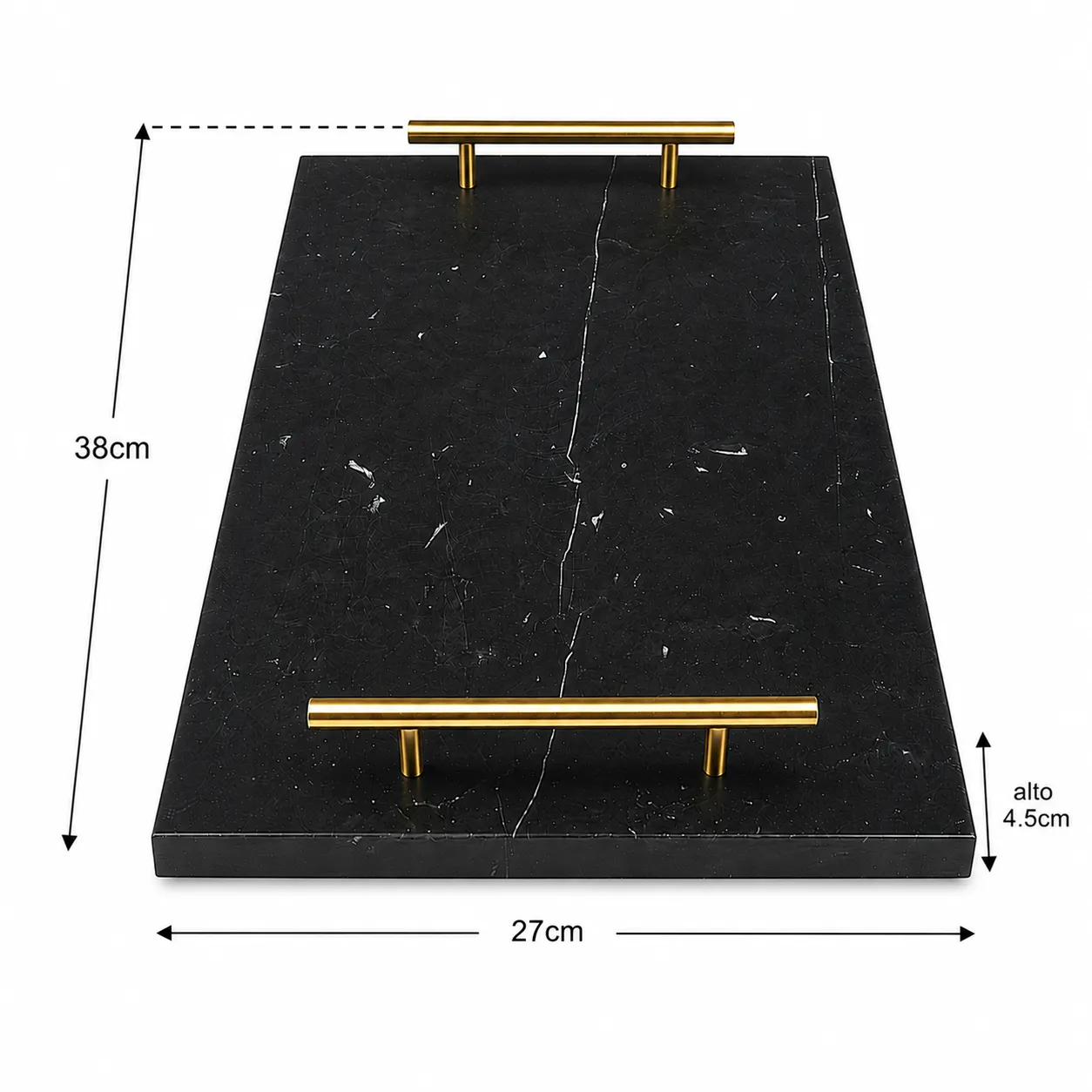 Bandeja rectangular de mármol con agarraderas, Negro y dorado (38*27*4.5cm)