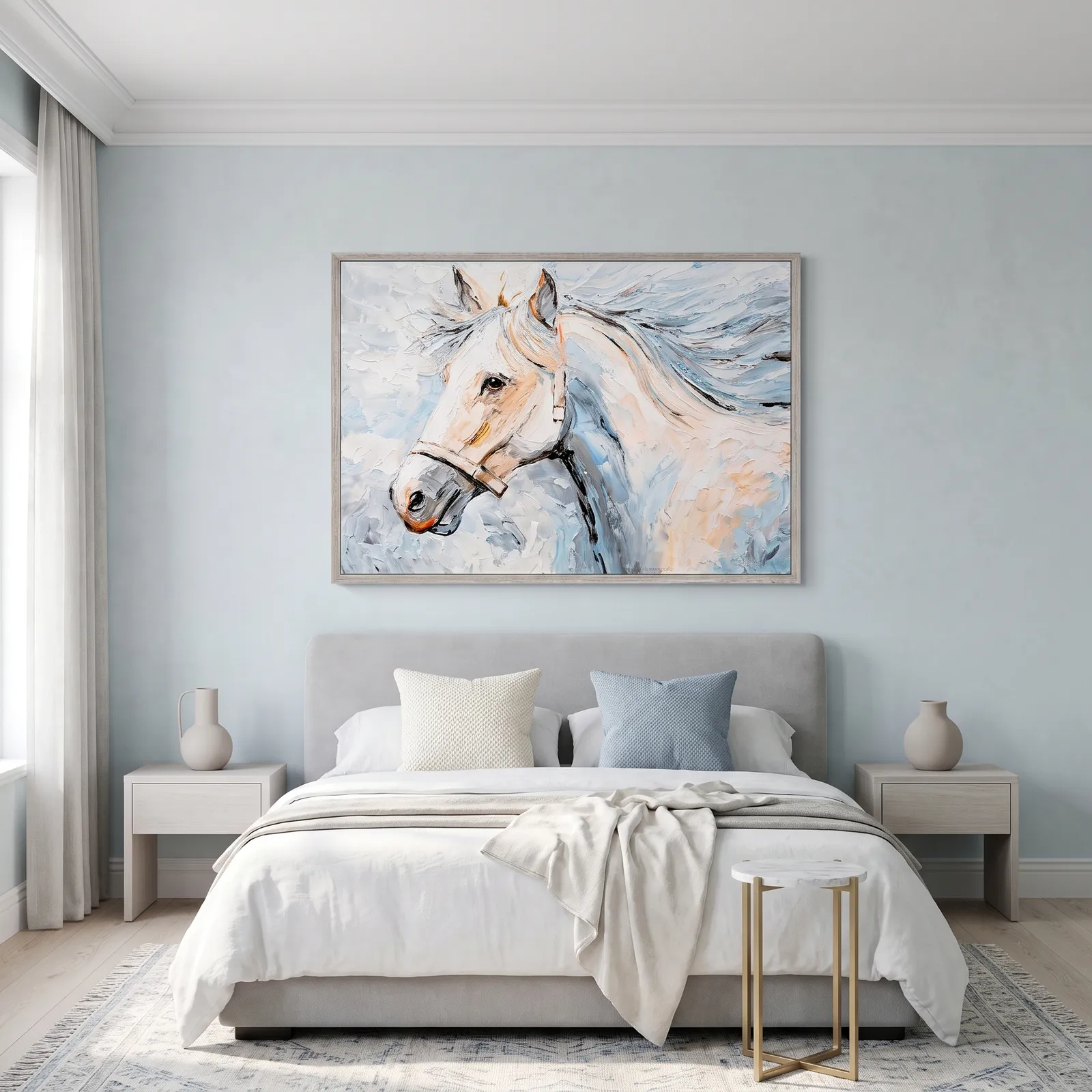 Cuadro abstracto caballo, pintura de óleo hecho a mano, Azul, beige y blanco (120*80cm)