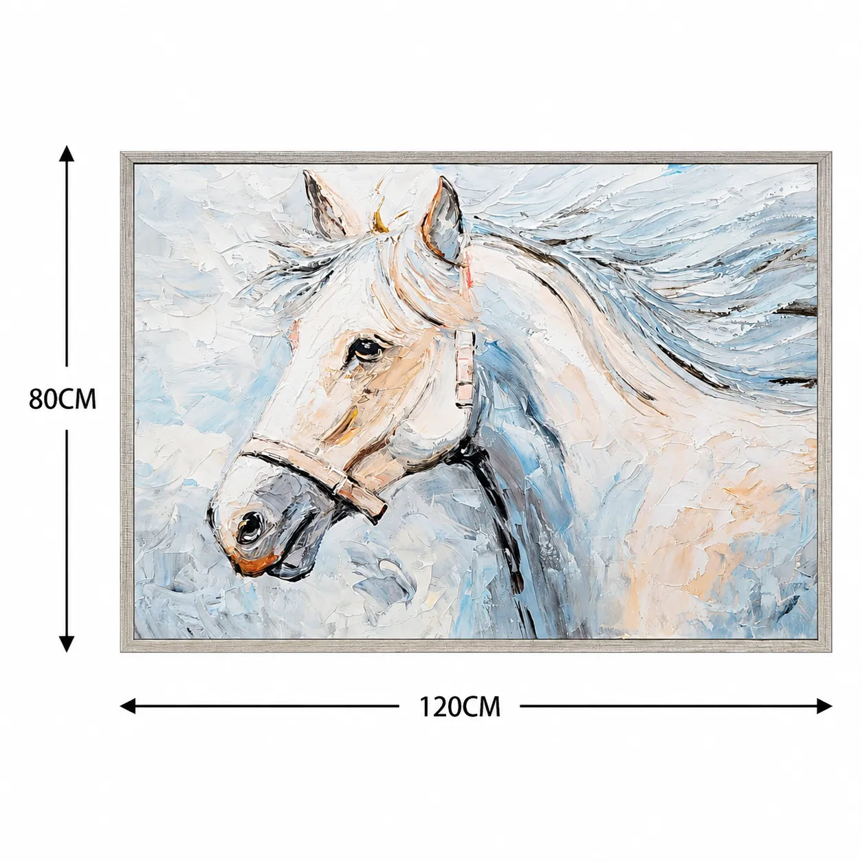 Cuadro abstracto caballo, pintura de óleo hecho a mano, Azul, beige y blanco (120*80cm)
