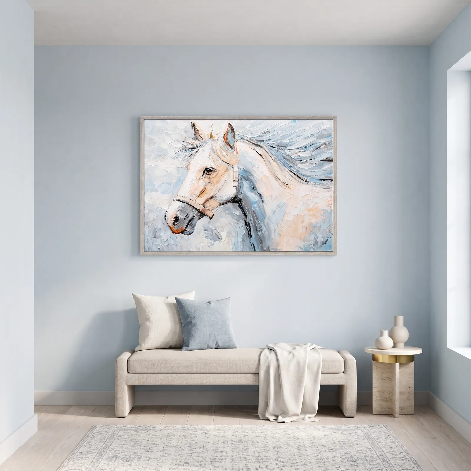 Cuadro abstracto caballo, pintura de óleo hecho a mano, Azul, beige y blanco (120*80cm)
