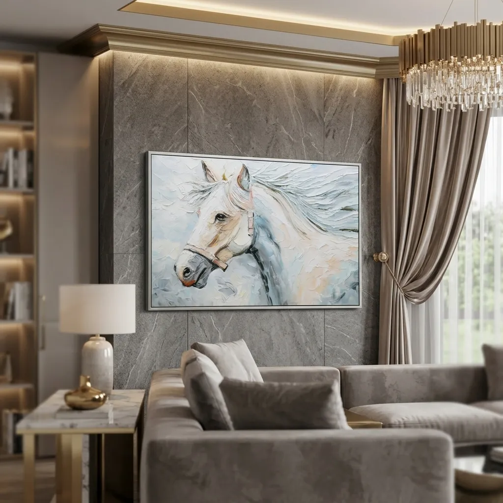 Cuadro abstracto caballo, pintura de óleo hecho a mano, Azul, beige y blanco (120*80cm)