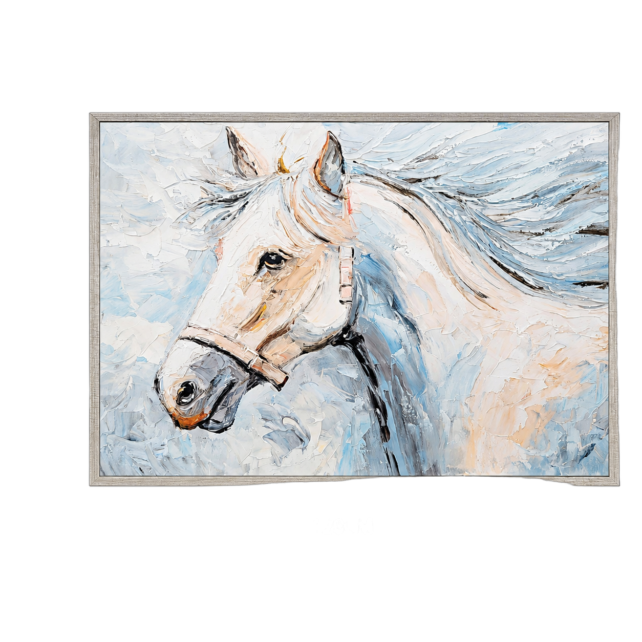 Cuadro abstracto caballo, pintura de óleo hecho a mano, Azul, beige y blanco (120*80cm)
