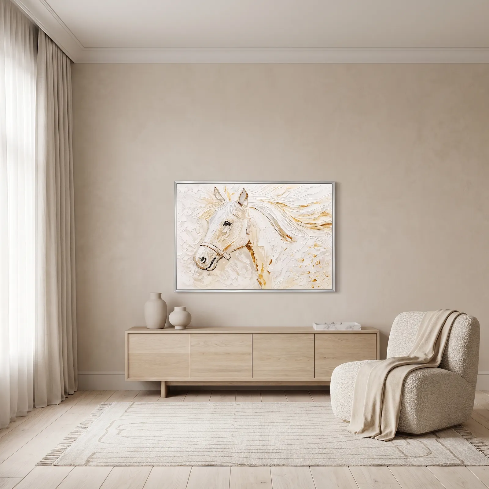 Cuadro abstracto caballo, pintura de óleo hecho a mano, Beige (120*80cm)