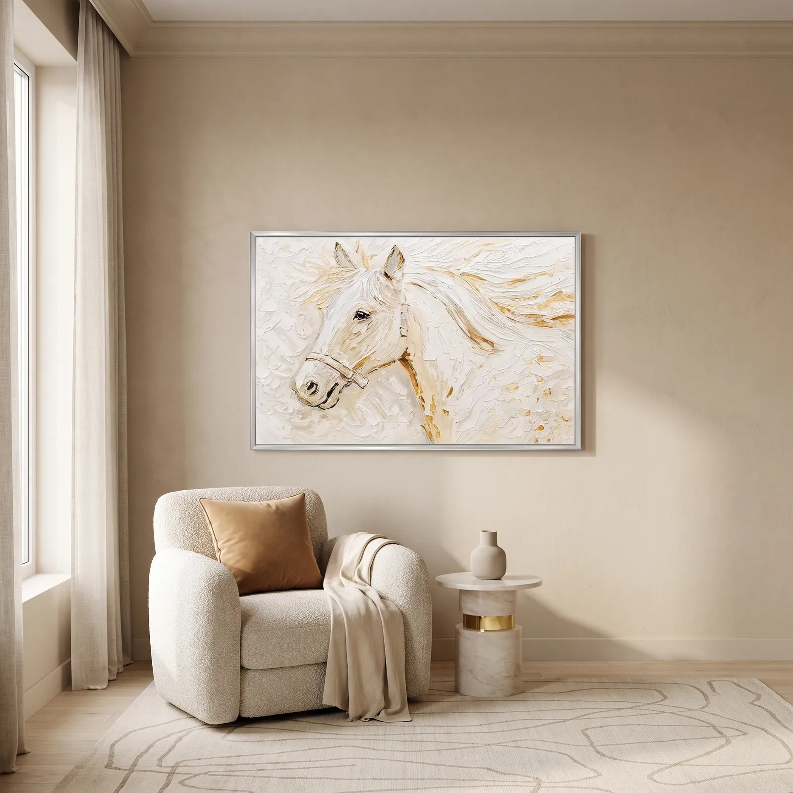 Cuadro abstracto caballo, pintura de óleo hecho a mano, Beige (120*80cm)