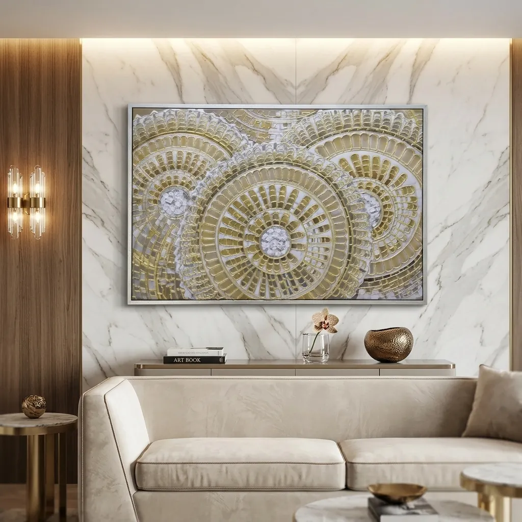Cuadro abstracto tuercas, pintura de óleo hecho a mano, Dorado (120*80cm)