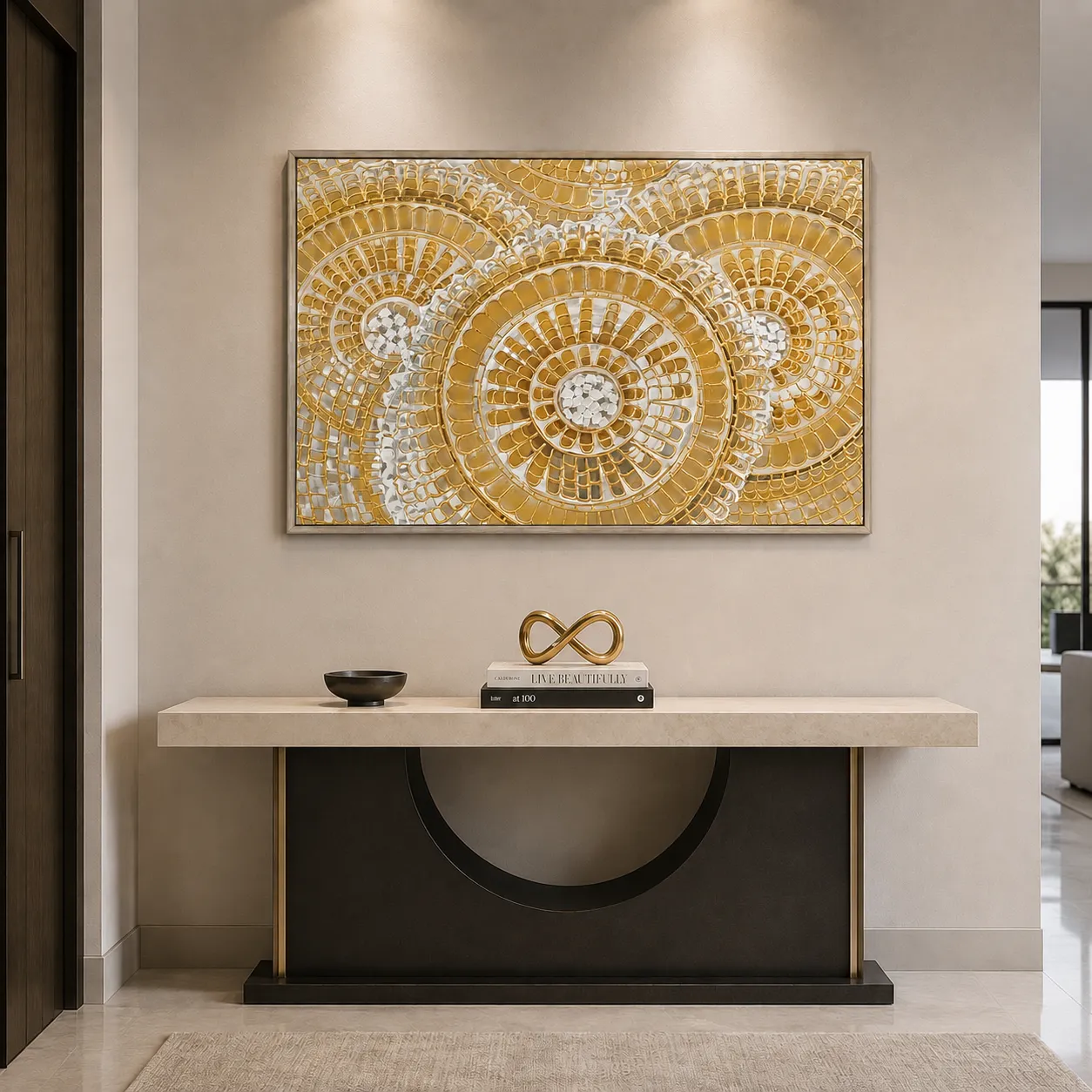 Cuadro abstracto tuercas, pintura de óleo hecho a mano, Dorado (120*80cm)
