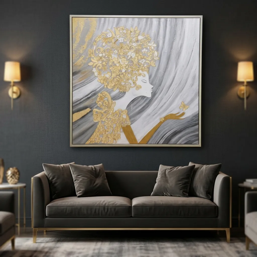 Cuadro abstracto mujer, pintura de óleo hecho a mano, Dorado (100*100cm)