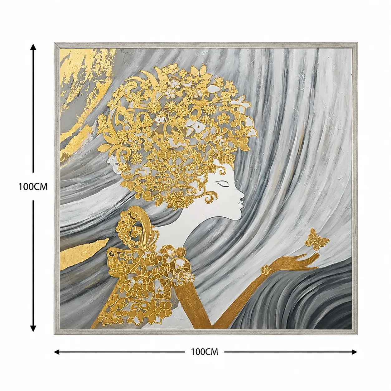 Cuadro abstracto mujer, pintura de óleo hecho a mano, Dorado (100*100cm)