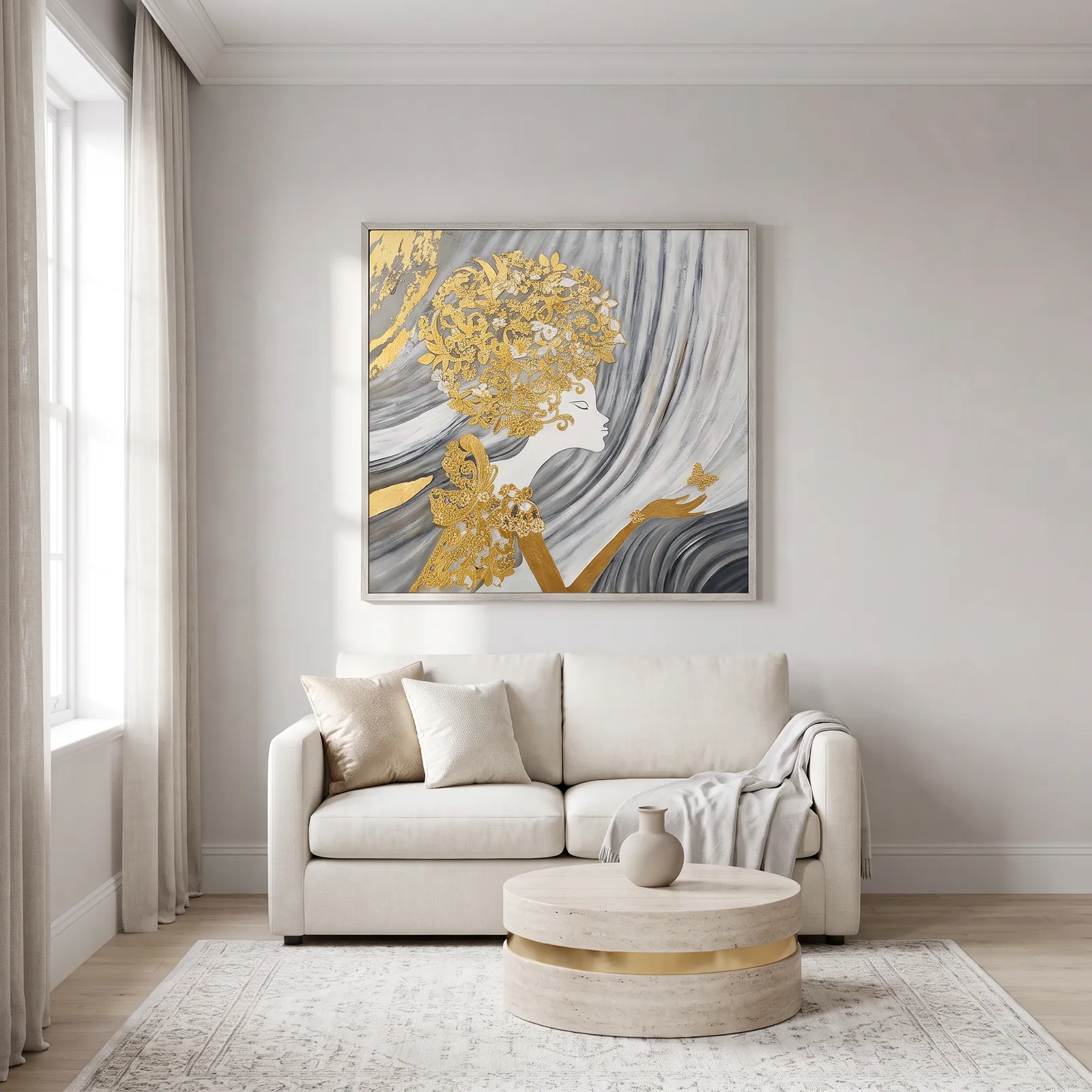 Cuadro abstracto mujer, pintura de óleo hecho a mano, Dorado (100*100cm)