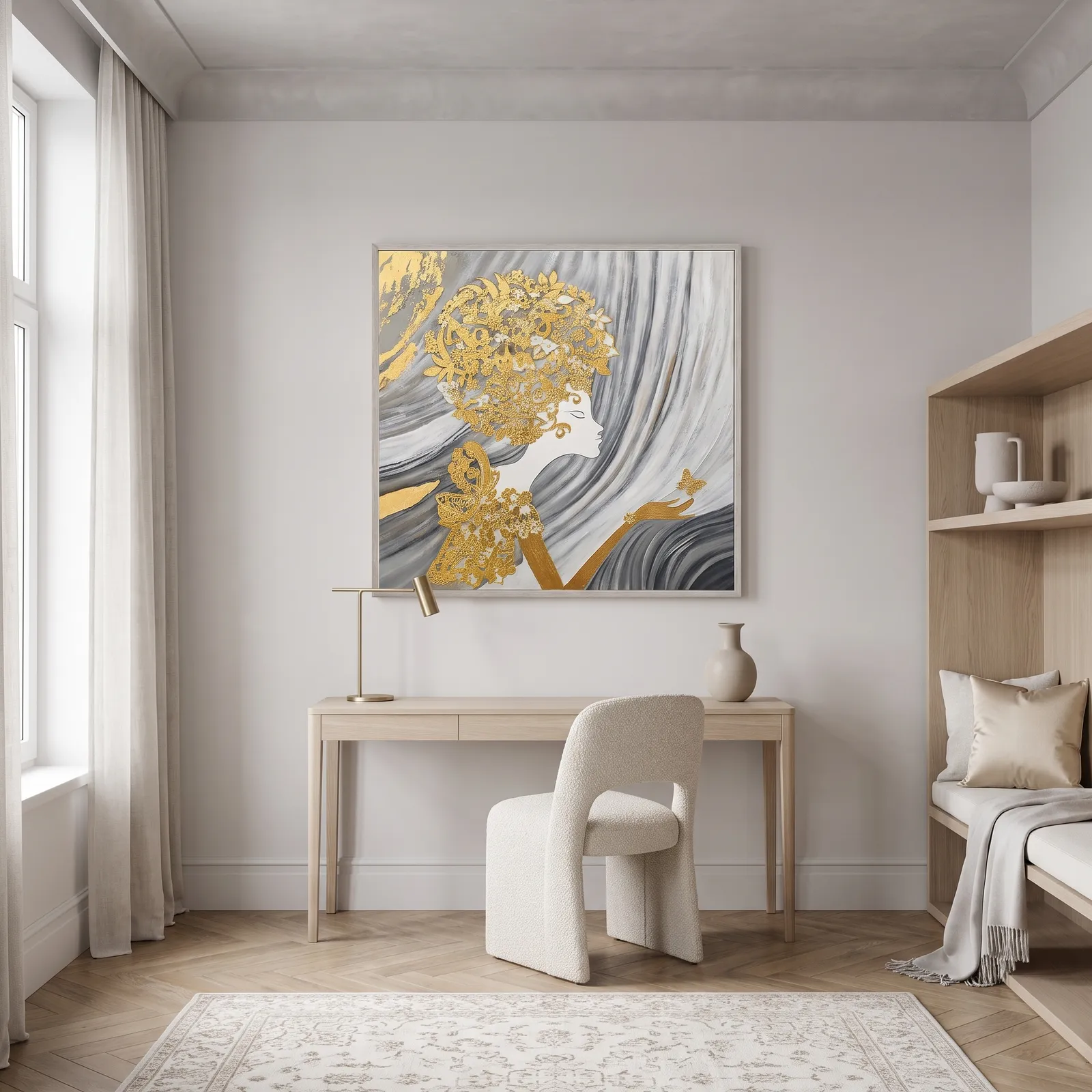 Cuadro abstracto mujer, pintura de óleo hecho a mano, Dorado (100*100cm)