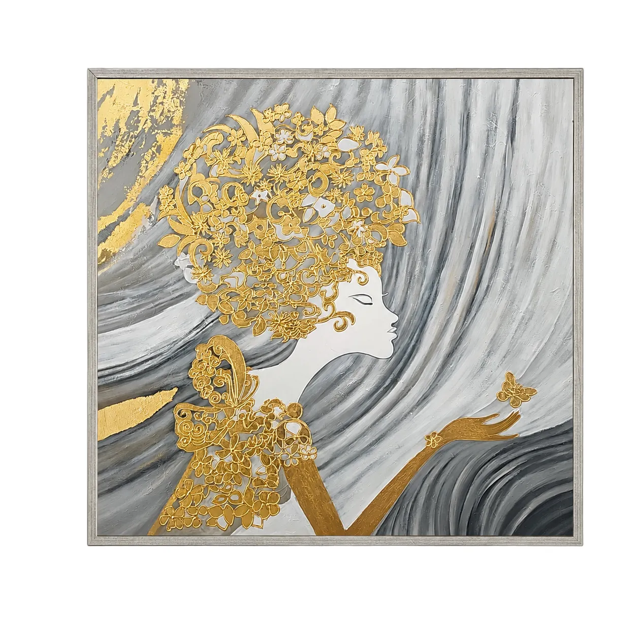 Cuadro abstracto mujer, pintura de óleo hecho a mano, Dorado (100*100cm)