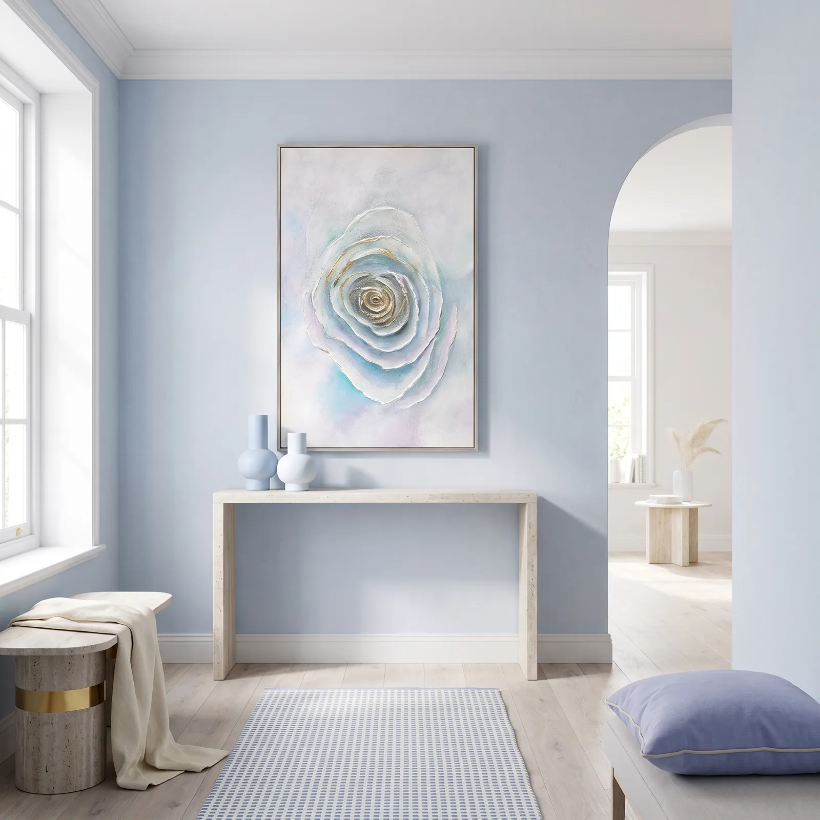 Cuadro abstracto rosa, pintura de óleo hecho a mano, Azul, beige y blanco (80*120cm)