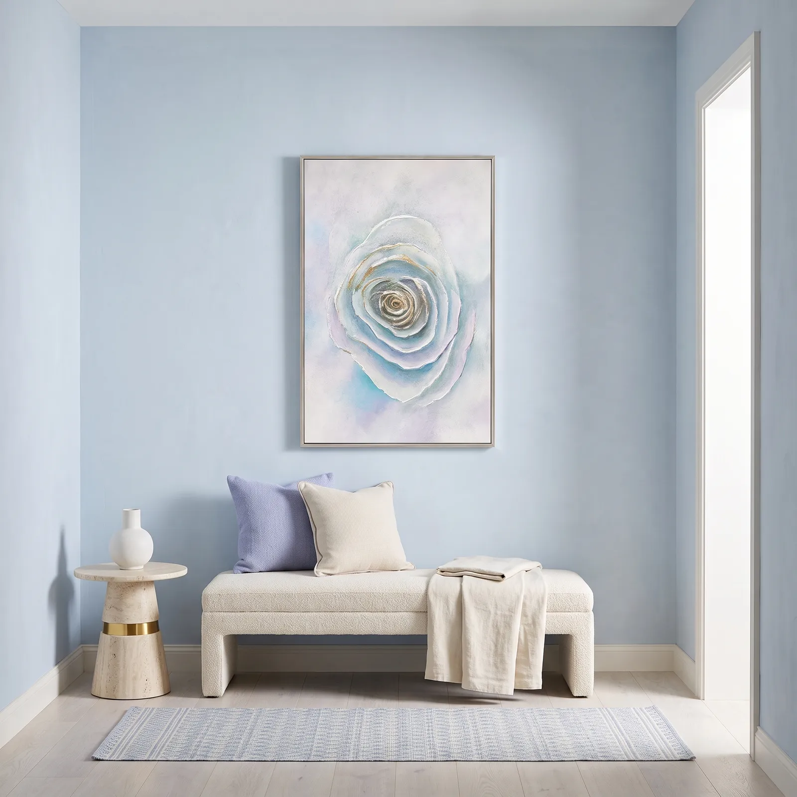 Cuadro abstracto rosa, pintura de óleo hecho a mano, Azul, beige y blanco (80*120cm)