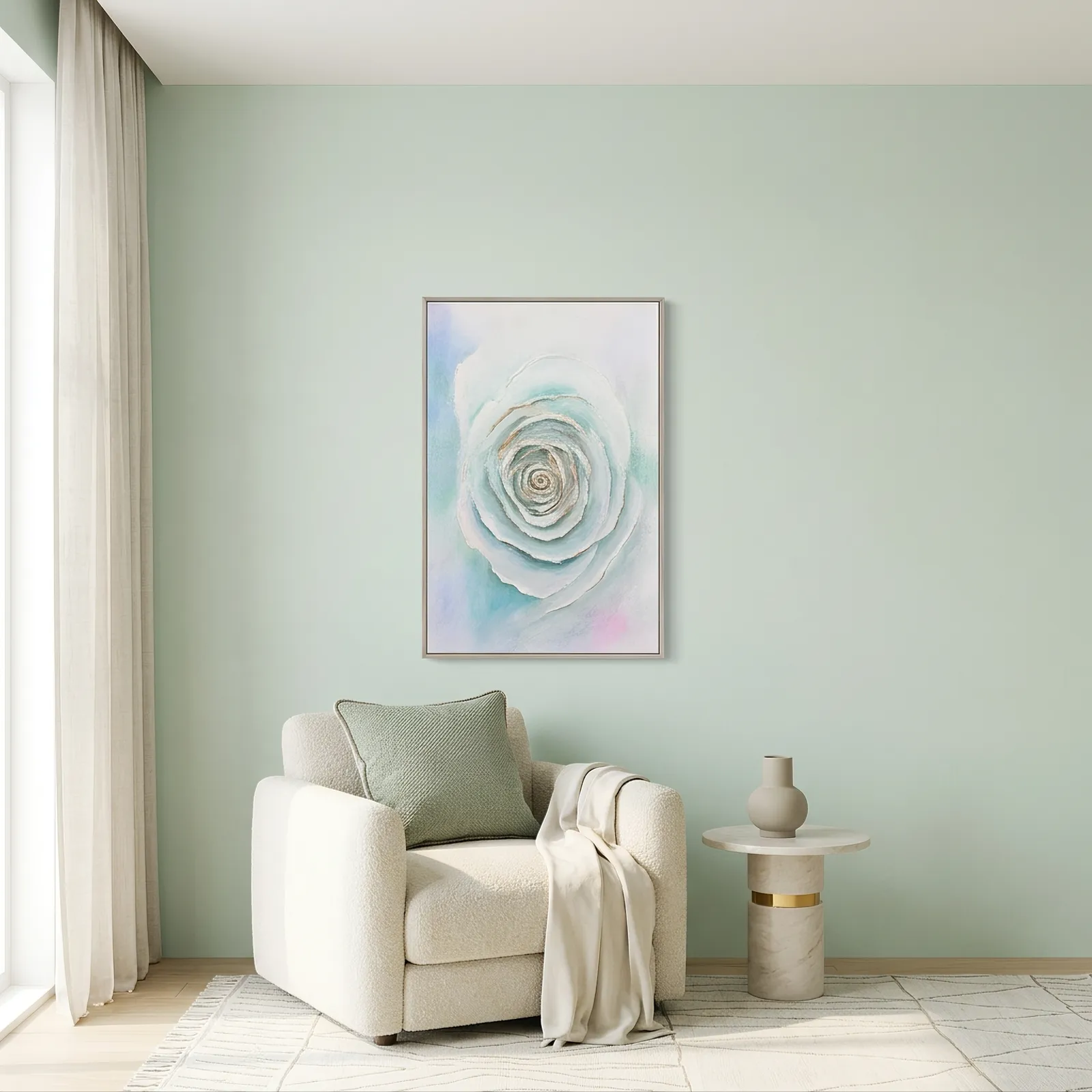 Cuadro abstracto rosa, pintura de óleo hecho a mano, Verde, beige y blanco (80*120cm)