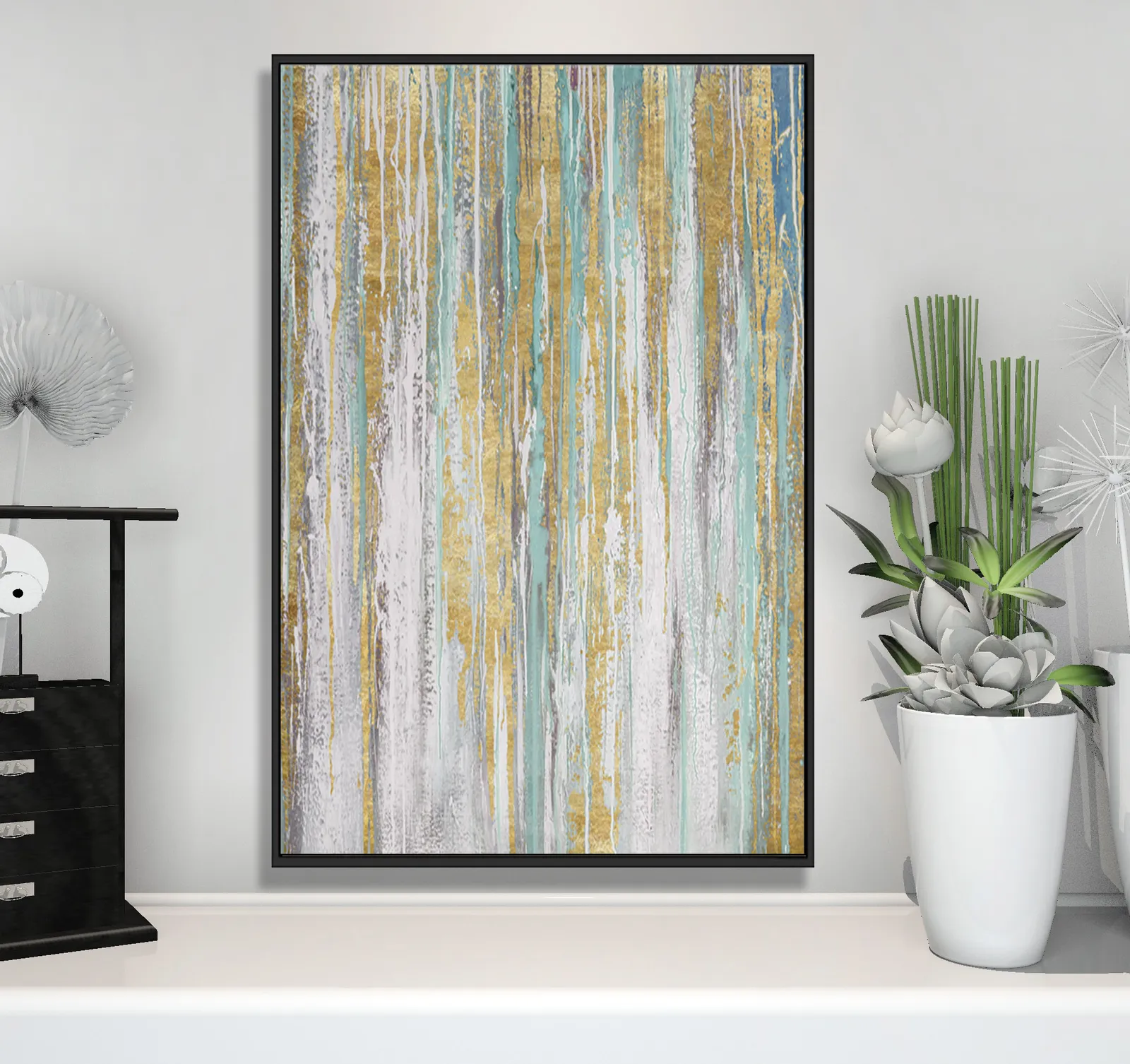 Cuadro abstracto vertical líneas, pintura de óleo hecho a mano, Verde y dorado (80*120cm)