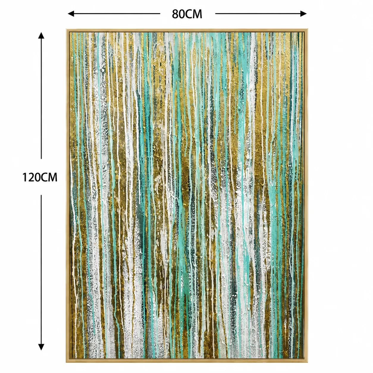 Cuadro abstracto vertical líneas, pintura de óleo hecho a mano, Verde y dorado (80*120cm)