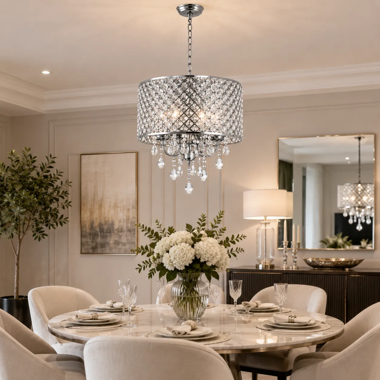 Candelabro colgante con malla y gotas de cristal, Plateado (40*45*Regula 35cm) (6 focos E14 no incluidos)