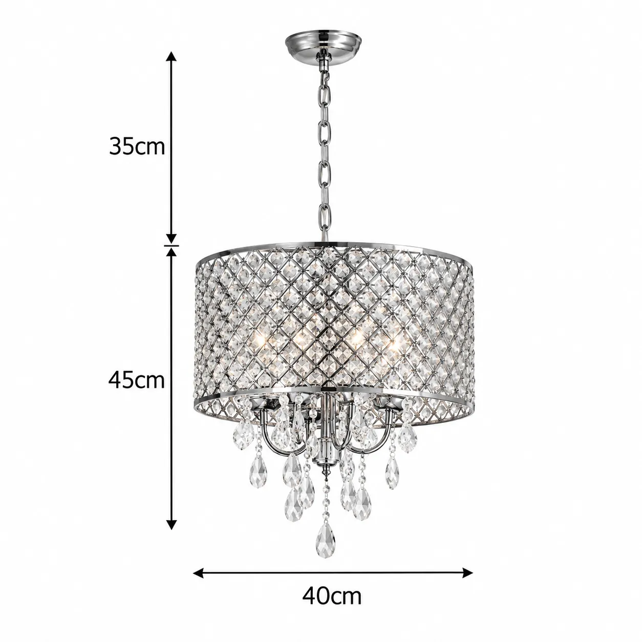 Candelabro colgante con malla y gotas de cristal, Plateado (40*45*Regula 35cm) (6 focos E14 no incluidos)