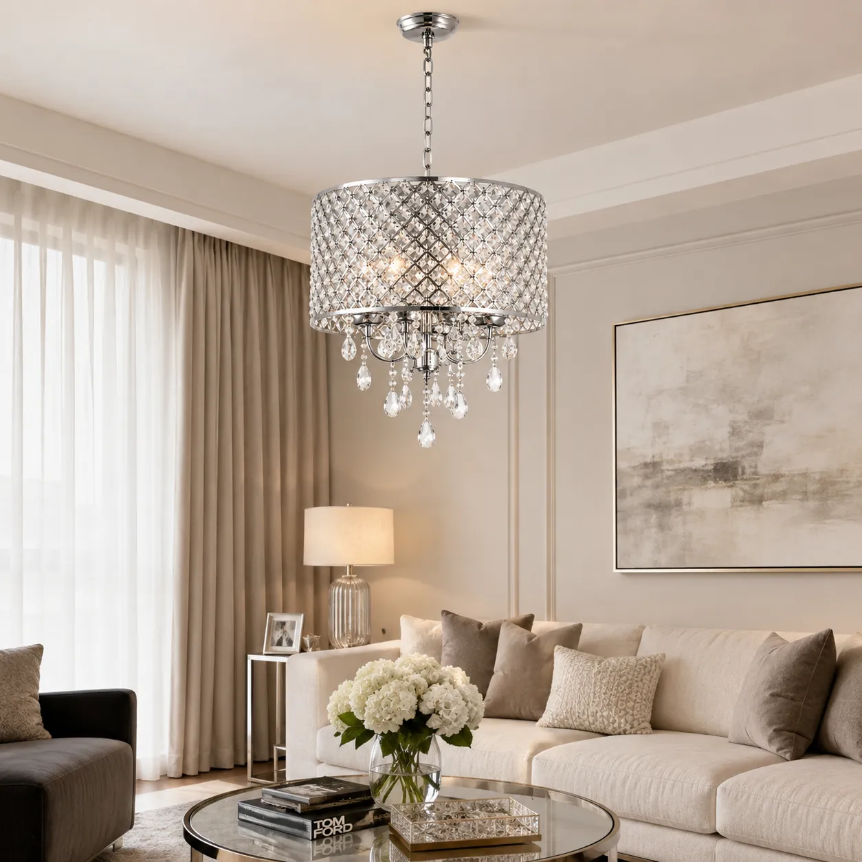 Candelabro colgante con malla y gotas de cristal, Plateado (40*45*Regula 35cm) (6 focos E14 no incluidos)