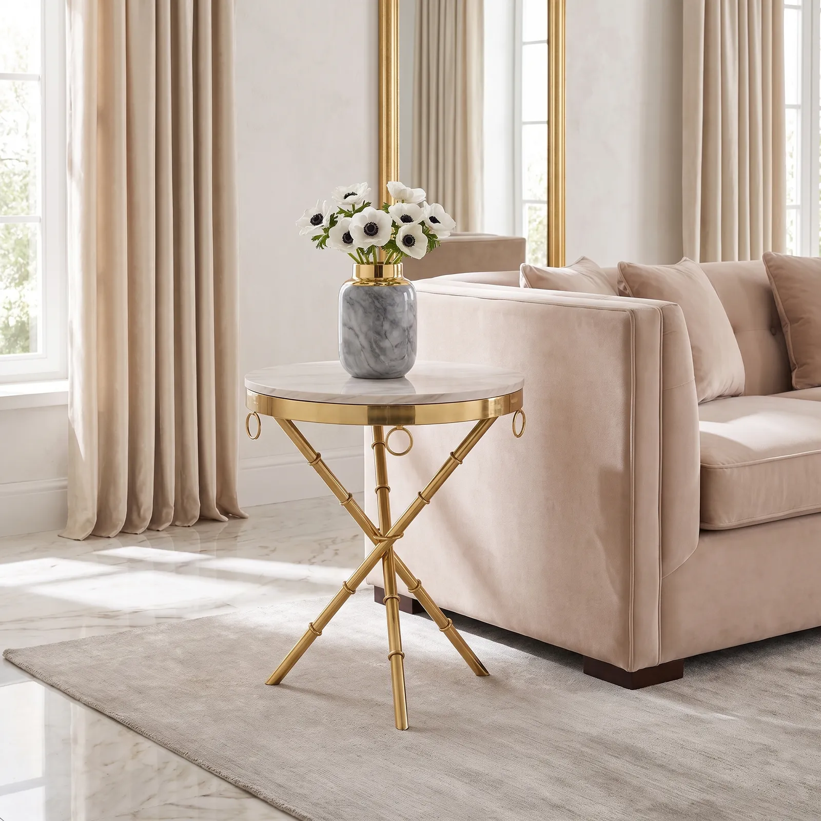Mesa auxiliar trípode de acero inoxidable con tapa de mármol, Dorado (50*50cm)