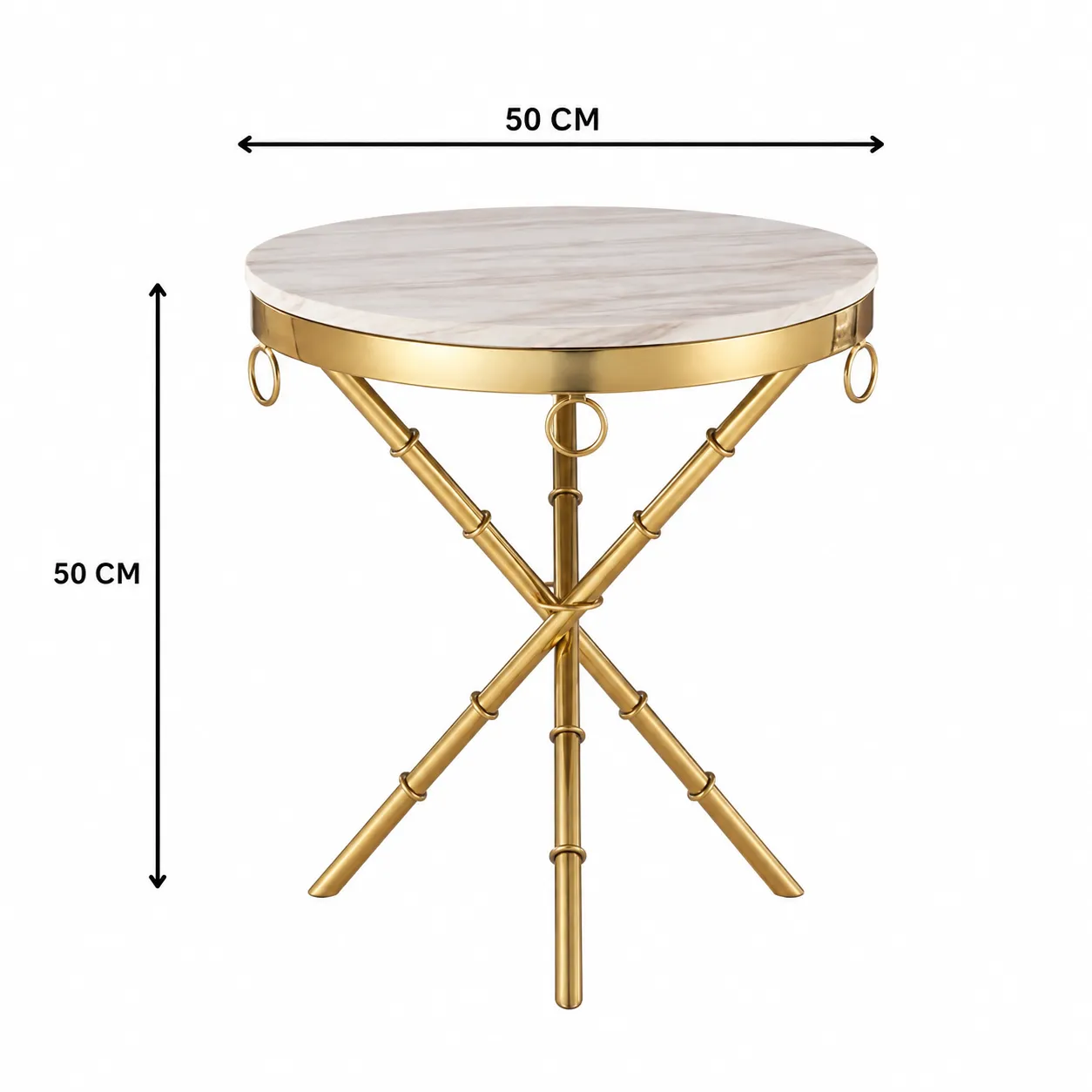 Mesa auxiliar trípode de acero inoxidable con tapa de mármol, Dorado (50*50cm)