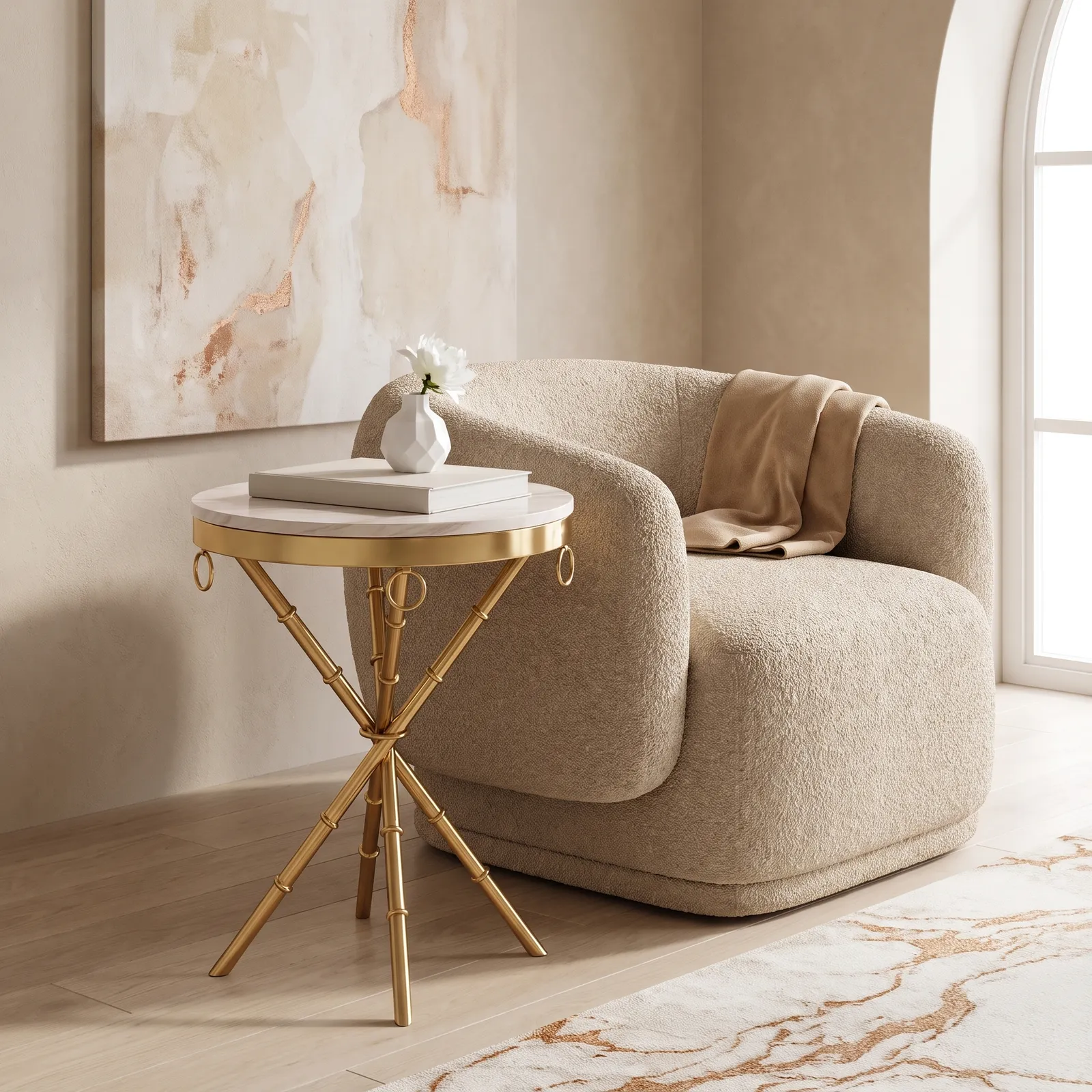 Mesa auxiliar trípode de acero inoxidable con tapa de mármol, Dorado (50*50cm)