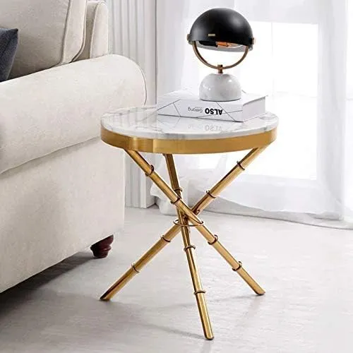 Mesa auxiliar trípode de acero inoxidable con tapa de mármol, Dorado (50*50cm)