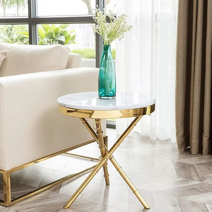 Mesa auxiliar trípode de acero inoxidable con tapa de mármol, Dorado (50*50cm)