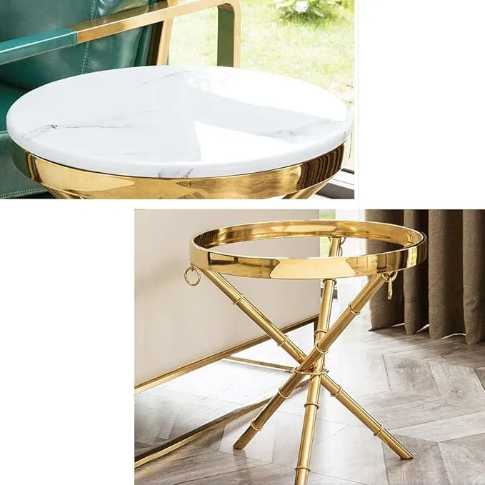 Mesa auxiliar trípode de acero inoxidable con tapa de mármol, Dorado (50*50cm)