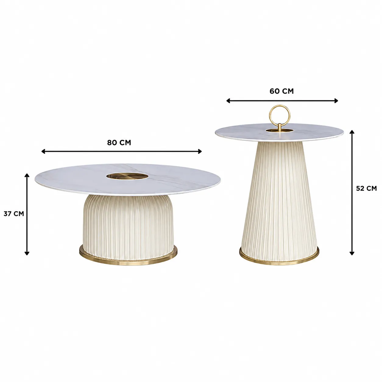 Set mesas centrales redondas acanaladas de madera y tapa de piedra sinterizada, Hueso (grande 80*37) (pequeña 60*52cm)