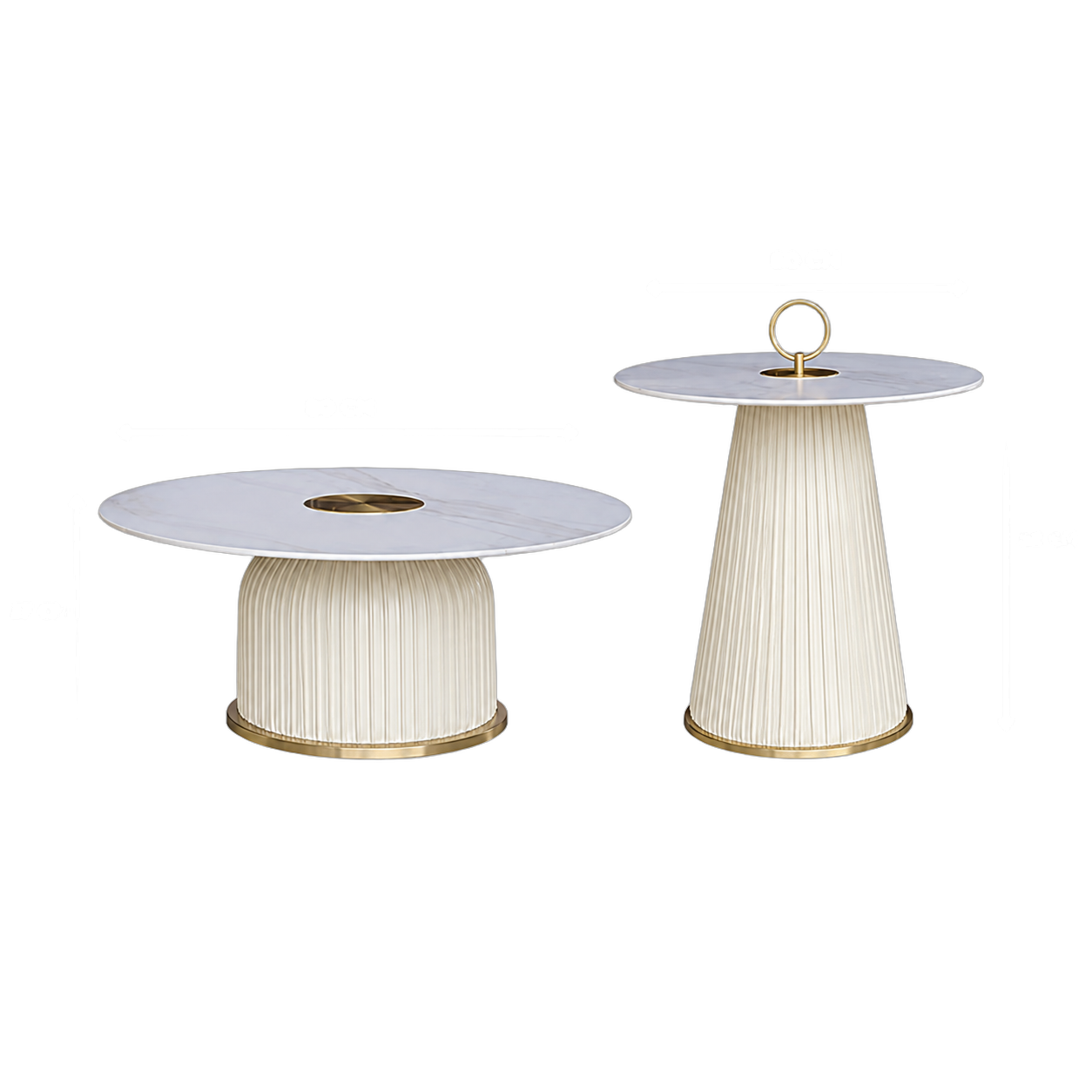 Set mesas centrales redondas acanaladas de madera y tapa de piedra sinterizada, Hueso (grande 80*37) (pequeña 60*52cm)