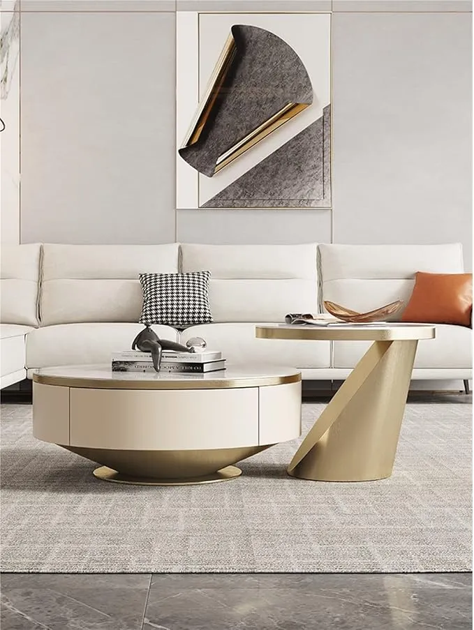 Set mesas centrales orgánicas de acero inoxidable con tapa de piedra sinterizada, Dorado (grande 80*35cm) (pequeña 60*50cm)