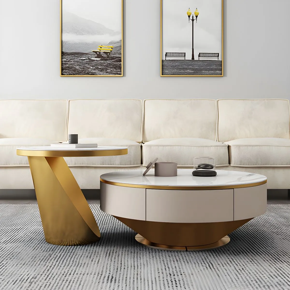 Set mesas centrales orgánicas de acero inoxidable con tapa de piedra sinterizada, Dorado (grande 80*35cm) (pequeña 60*50cm)
