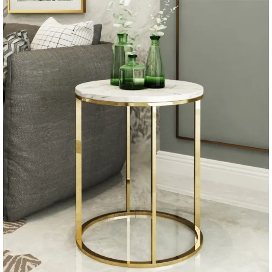 Mesa auxiliar redonda de acero inoxidable con tapa de mármol, Dorado (50*55cm)