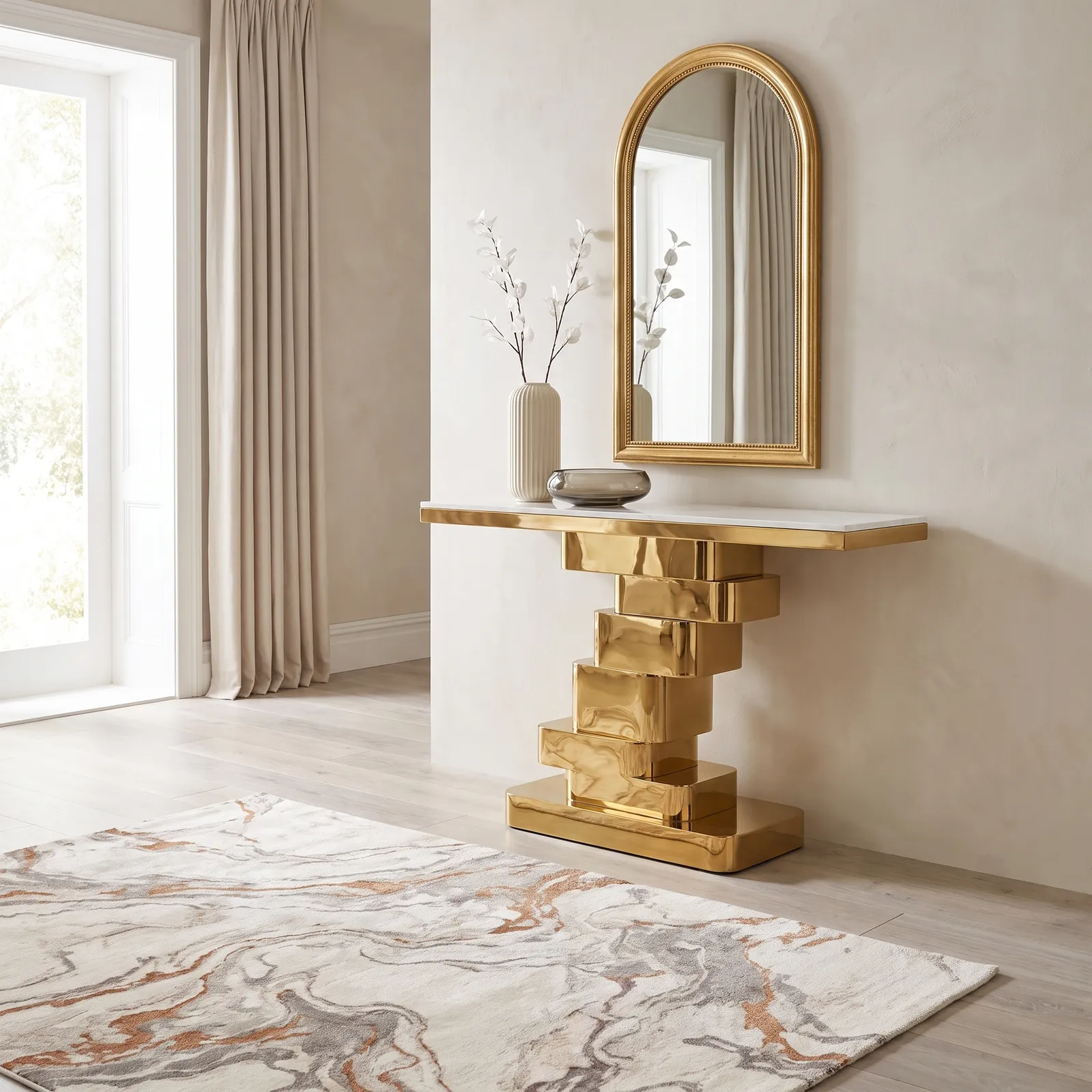 Consola escalonada de acero inoxidable con tapa de piedra sinterizada, Dorado (130*40*80cm)